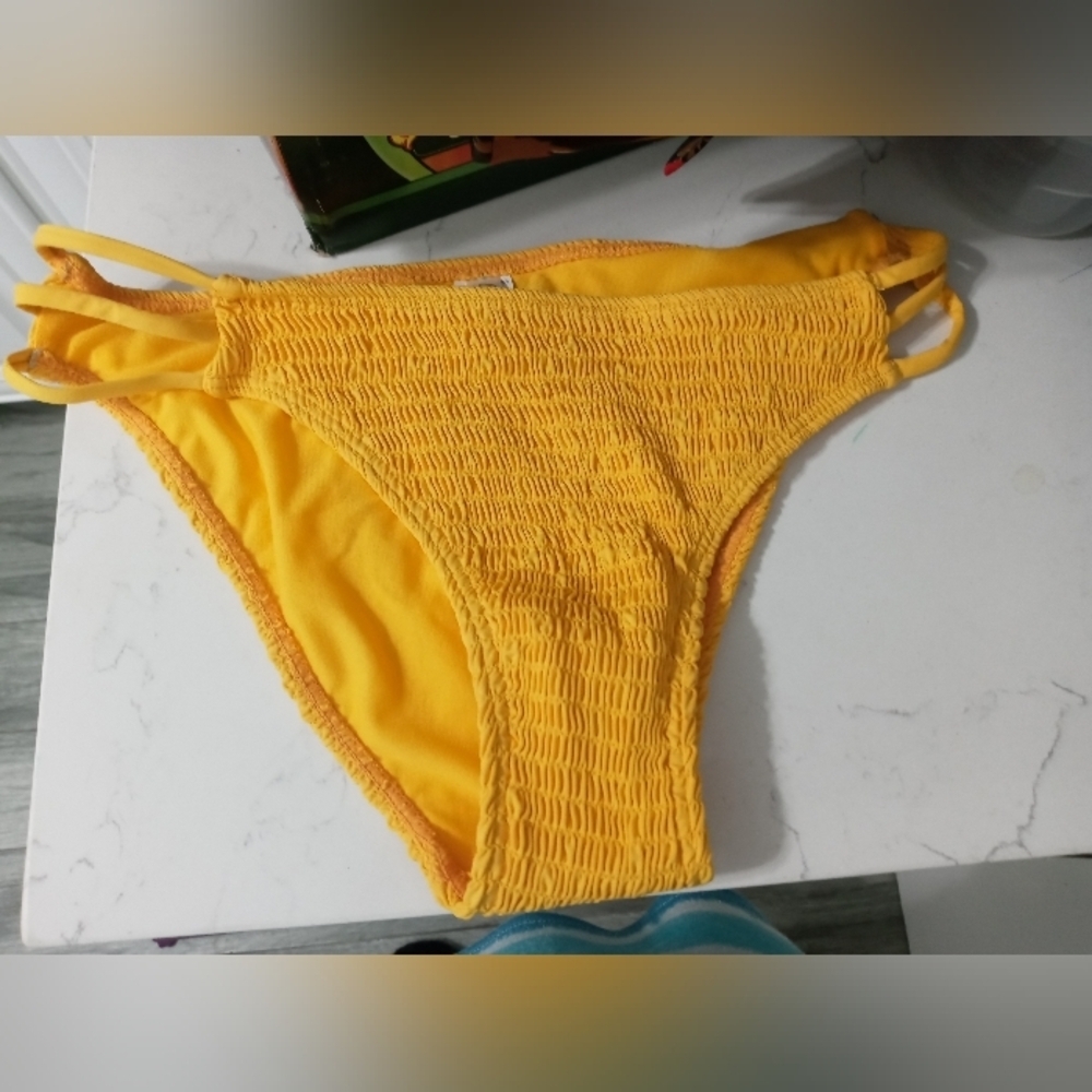 Envya Swimwear Yellow High waisted  Smocked Bikini bottom side straps M NWOT